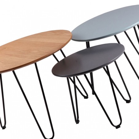 Set 3 mesas auxiliares roble, azul y gris NERO