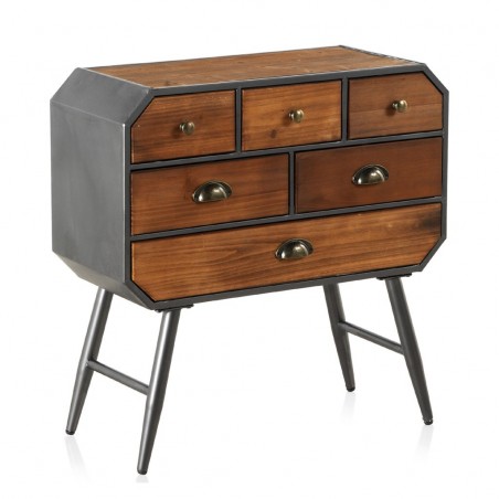 Cómoda estilo industrial 6 cajones 70x30x71h hierro y madera de pino