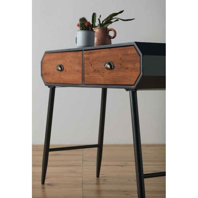 Consola estilo industrial 2 cajones 100x40x78h hierro y madera de pino