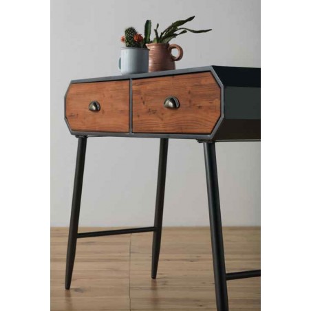 Consola estilo industrial 2 cajones 100x40x78h hierro y madera de pino