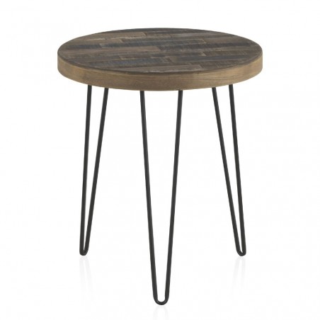 Mesita auxiliar redonda 46x52h hierro y pino reciclado