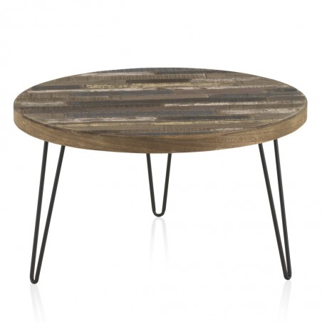 Mesita de centro redonda 71x40h hierro y pino decapé