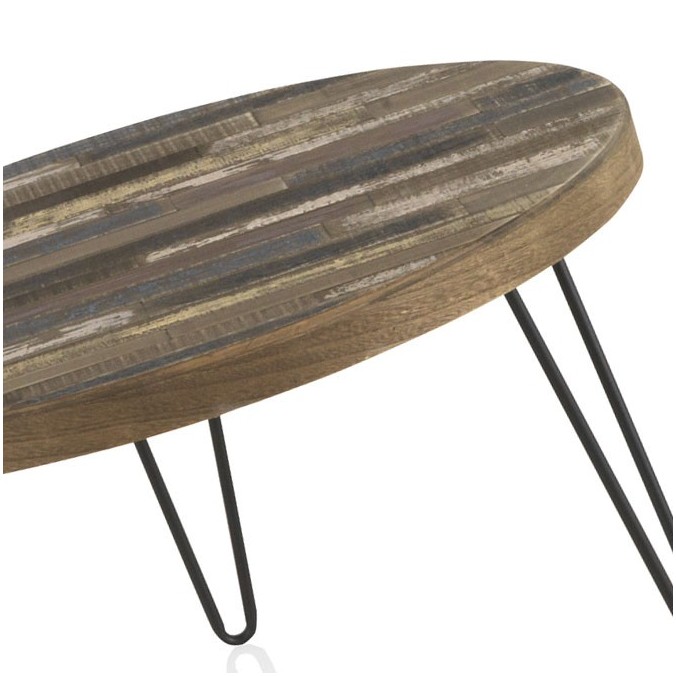 Mesita de centro redonda 71x40h hierro y pino decapé