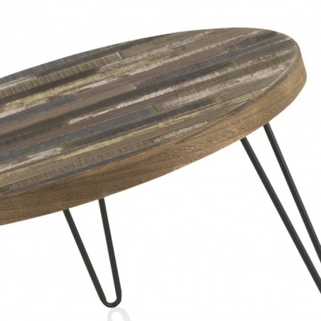 Mesita de centro redonda 71x40h hierro y pino decapé