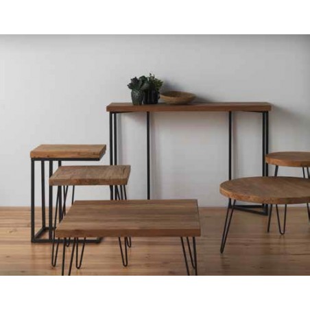 Mesita de centro cuadrada  71x71x40h hierro y madera olmo