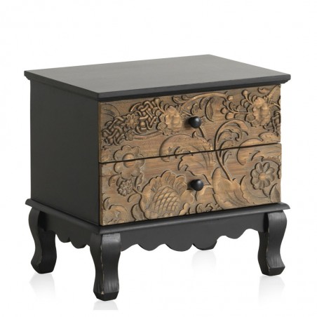 Mesita 2 cajones 48x35x46h frente madera tallada