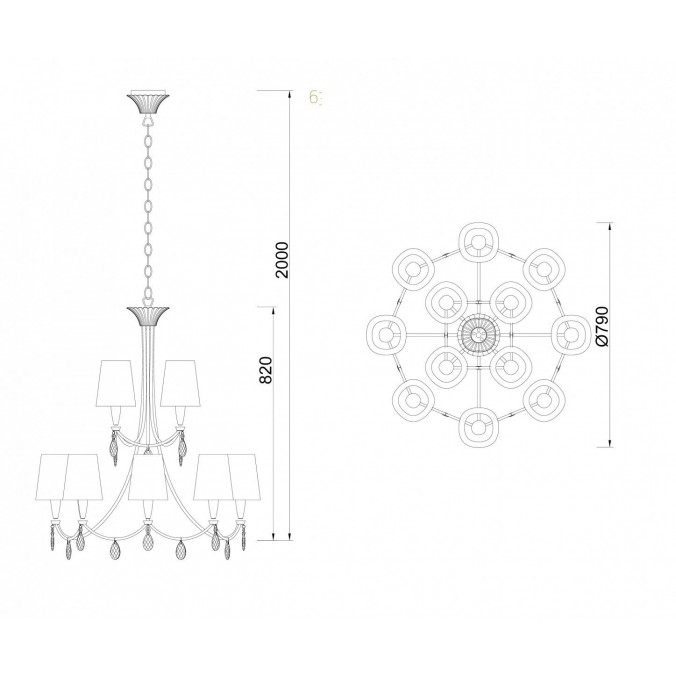 Lámpara de techo estilo clásico SOPHIE dorado 12 luces Lámpara de techo estilo clásico SOPHIE dorado 12 luces