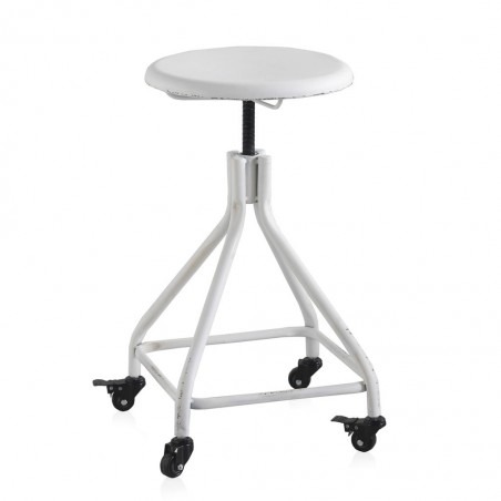 Taburete con ruedas estilo vintage blanco 36x36x58h