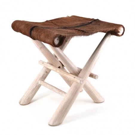 Taburete plegable teca y piel - 47x40x45h
