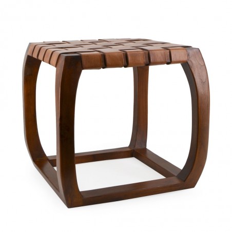 Taburete de teca asiento piel trenzada - 45x45x45h