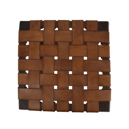 Taburete de teca asiento piel trenzada - 45x45x45h