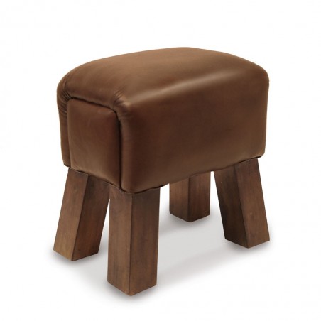 Taburete cuadrado en cuero y patas de caoba - 42x30x45h