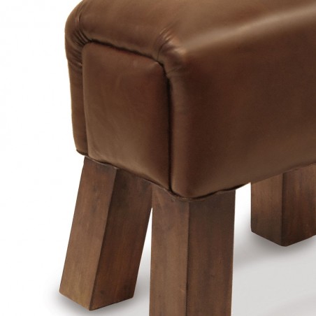 Taburete cuadrado en cuero y patas de caoba - 42x30x45h