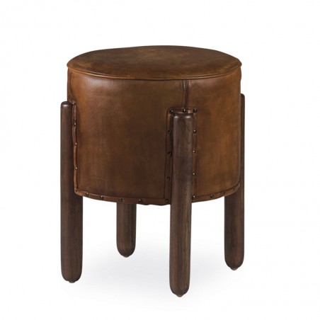 Taburete redondo en cuero y patas de caoba - 38x38x50h