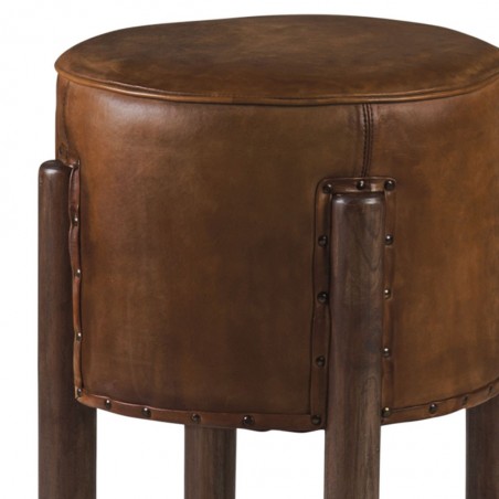 Taburete redondo en cuero y patas de caoba - 38x38x50h