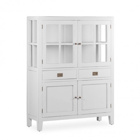 Vitrina con 2 cajones en madera mindi blanco 110x40x145h