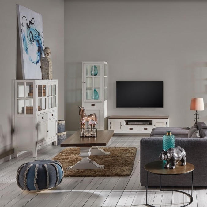 Vitrina con 1 cajón en madera mindi blanco 55x40x190h