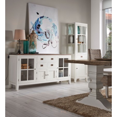 Aparador 3 cajones y 4 puertas en madera mindi blanco 180x45x90h