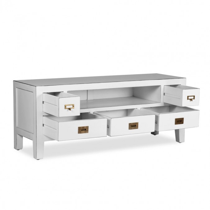 Mueble TV  5 cajones madera mindi blanco 125x40x50h
