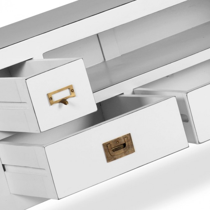 Mueble TV  5 cajones madera mindi blanco 125x40x50h