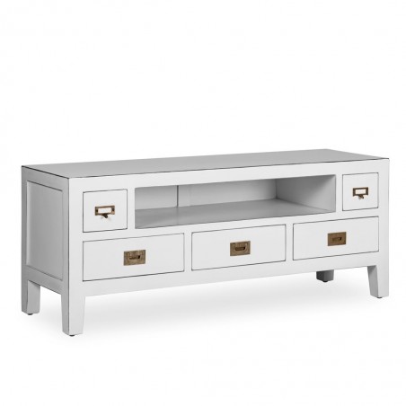 Mueble TV  5 cajones madera mindi blanco 125x40x50h