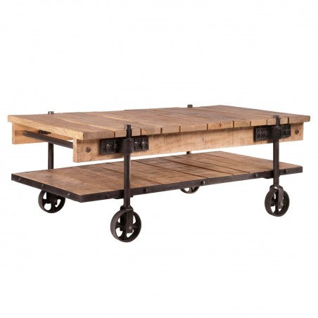 Mesa de centro con ruedas estilo industrial - 122x63x44h