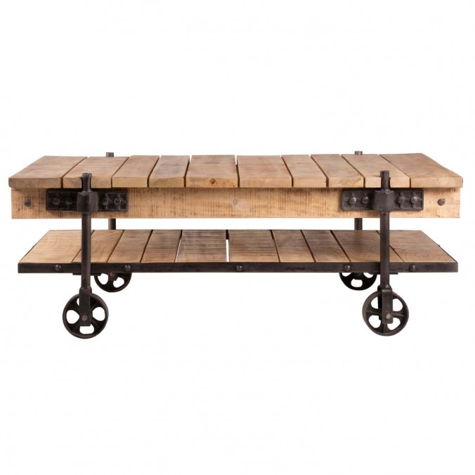 Mesa de centro con ruedas estilo industrial - 122x63x44h