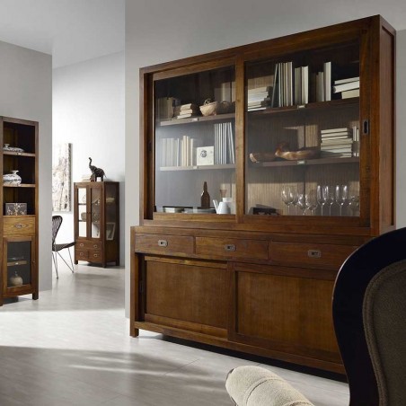 Vitrina baja 3 cajones y 2 puertas estilo colonial mindi 70x35x135h