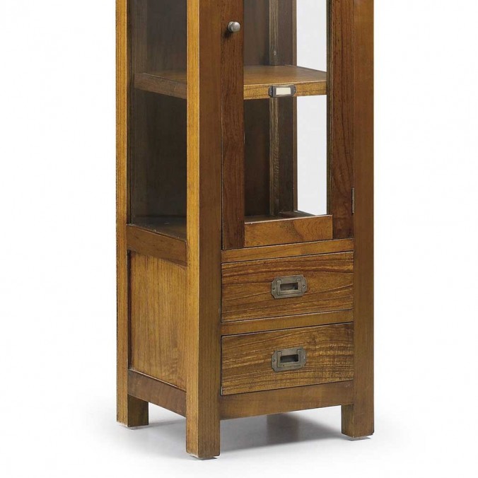 Vitrina baja 2 cajones y 1 puerta estilo colonial mindi 40x35x135h