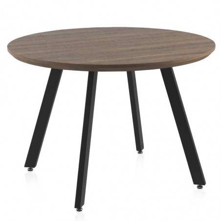 Mesa de comedor redonda estilo industrial mdf tono roble y hierro 110x76h