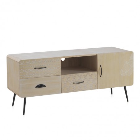 Mueble TV beige claro con puerta y tres cajones estilo vintage 120x40x52h