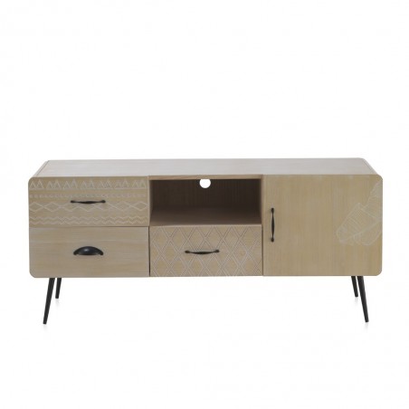 Mueble TV beige claro con puerta y tres cajones estilo vintage 120x40x52h