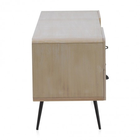 Mueble TV beige claro con puerta y tres cajones estilo vintage 120x40x52h