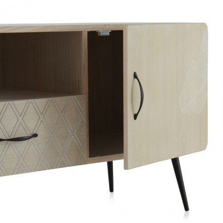Mueble TV beige claro con puerta y tres cajones estilo vintage 120x40x52h