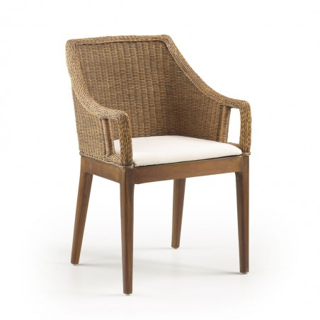 Sillón de ratán natural asiento tapizado y patas caoba 58x60x88h