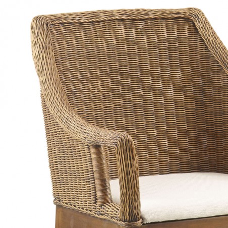 Sillón de ratán natural asiento tapizado y patas caoba 58x60x88h