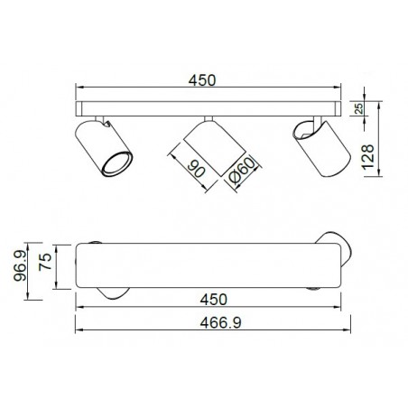 Regleta 3 focos orientables techo o pared serie SAL blanco