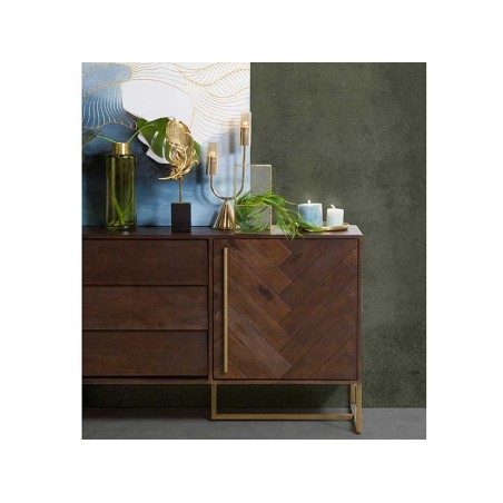 Aparador estilo mid century tono nogal y dorado - 180x45x80h