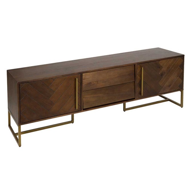 Mueble TV estilo mid century tono nogal y dorado - 180x45x60h