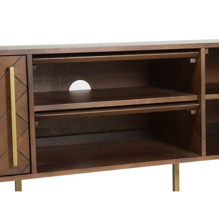 Mueble TV estilo mid century tono nogal y dorado - 180x45x60h