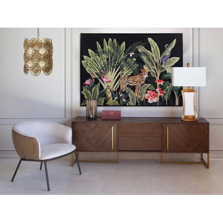 Mueble TV estilo mid century tono nogal y dorado - 180x45x60h