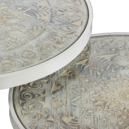 set 2 mesas de metal y madera 47x47x50-42x42x45 cm