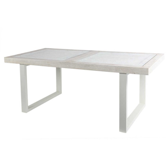 mesa comedor de metal y madera tallada 190x90x78cm
