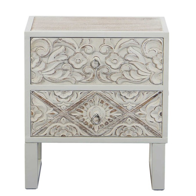 mesita metal y madera tallado 45x33x50 cm