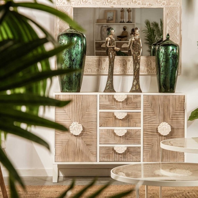 aparador metal y madera tallada 120x35x80 cm