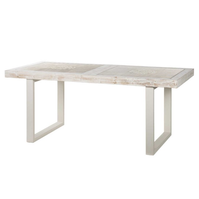 mesa comedor metal y madera tallada 190x90x78 cm