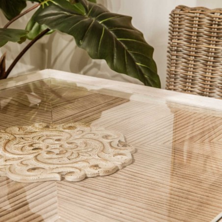 mesa comedor metal y madera tallada 190x90x78 cm