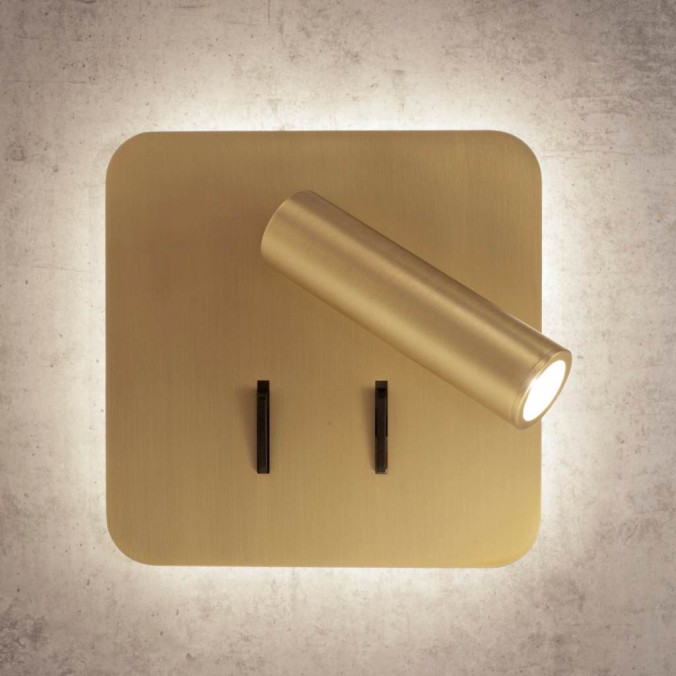 Aplique cuadrado tono dorado LED lectura y ambiental