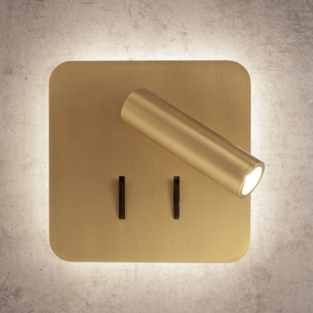 Aplique cuadrado tono dorado LED lectura y ambiental