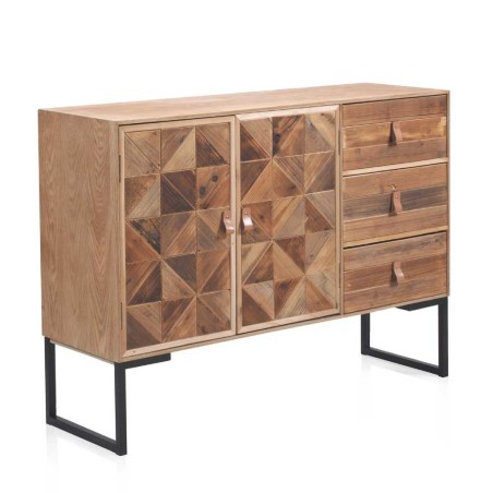 Aparador 2 puertas y 3 cajones frentes mosaico madera natural 110x35x80h